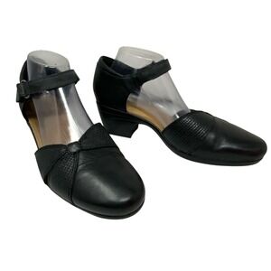 Clarks Emily Rae Pumps Black Leather Ankle Strap Chunky Heels Women’s Size‎ 11